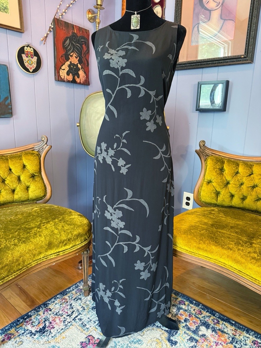 Vintage 90s Black Floral “Heart Collection” Whimsigoth Grunge Goth Maxi Dress